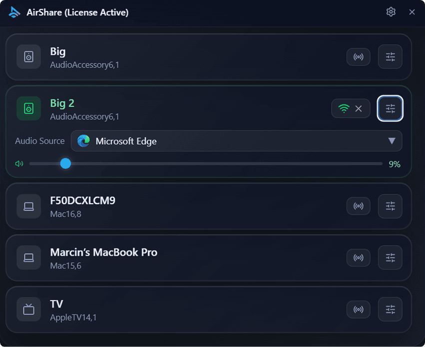 AirShare app - per-app audio source selection